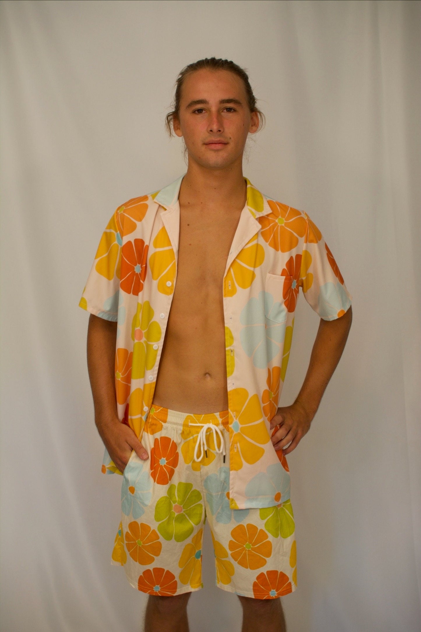 Retro Floral Sunrise Print Button-Down Shirt