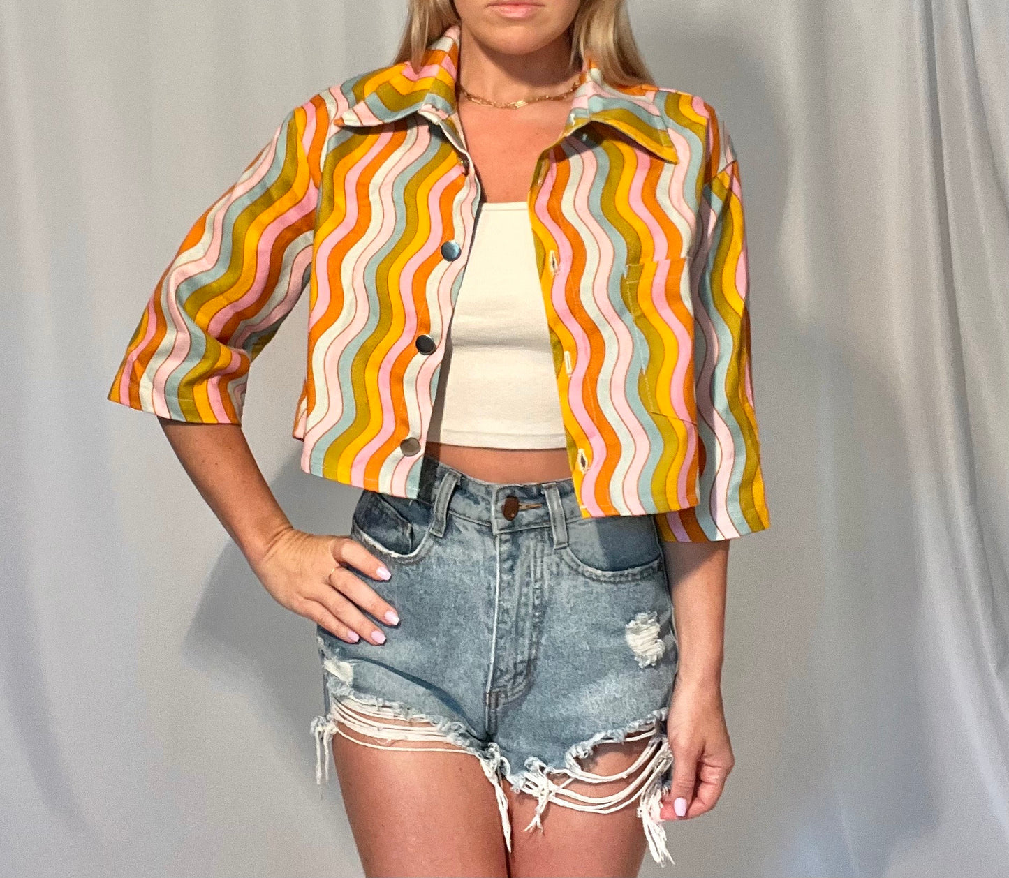 wavy rainbow cropped light denim jacket; lightweight cotton jacket with buttons and pocket; Barbie