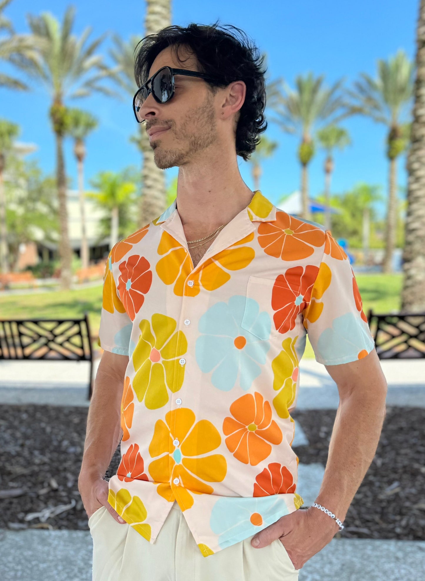 Retro Floral Sunrise Print Button-Down Shirt