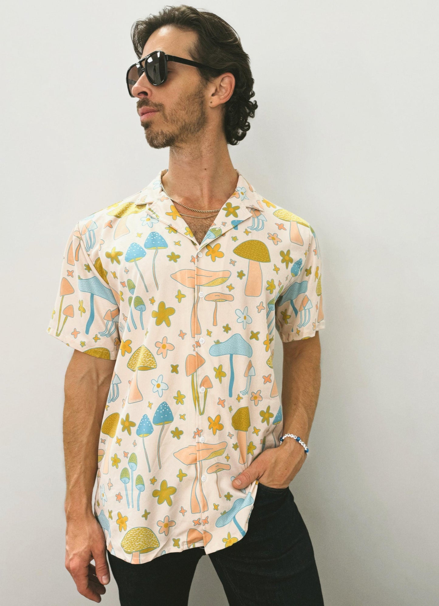 Retro mushroom daisy button down; unisex casual; festival wear; green blue flowers resort wear