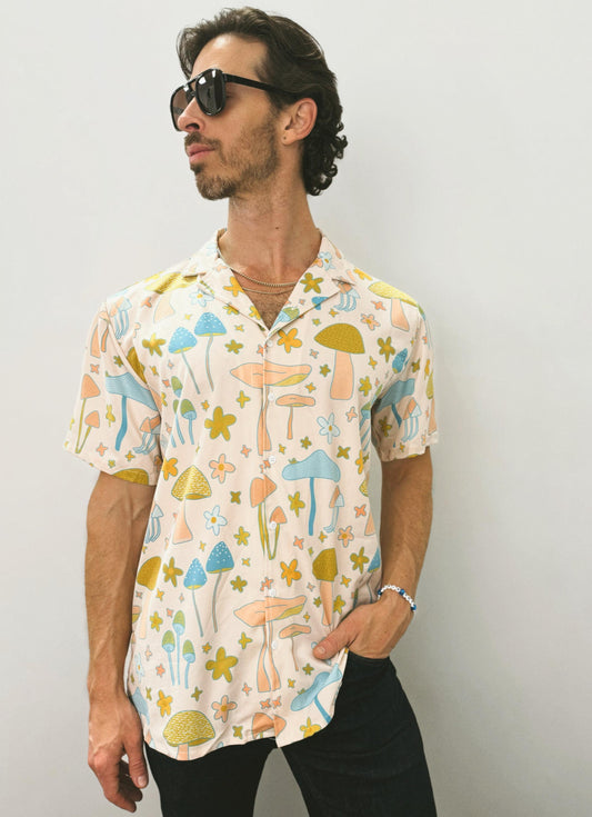 Retro mushroom daisy button down; unisex casual; festival wear; green blue flowers resort wear