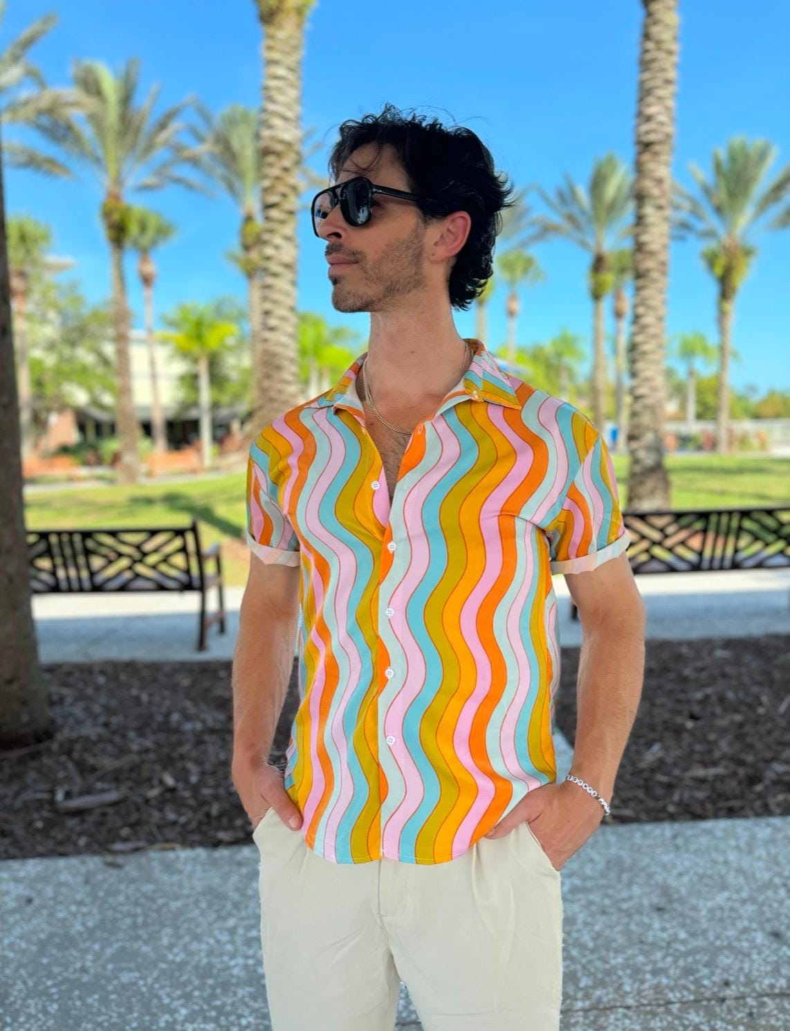 Retro Wavy Rainbow Shirt: Button-Down