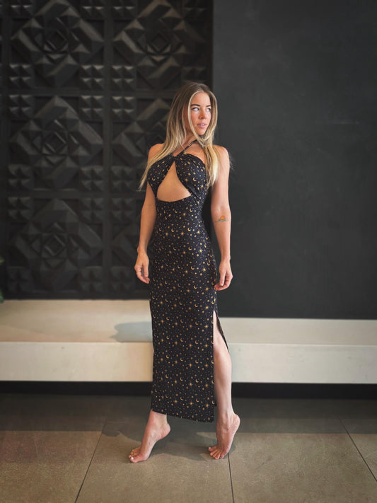 Celestial Maxi Dress: Halter Top, Drawstring, Stretchy Festival Wear