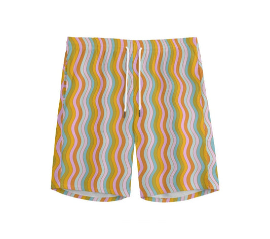 Retro Wavy Cotton Lounge Shorts: Colorful Rainbow Print