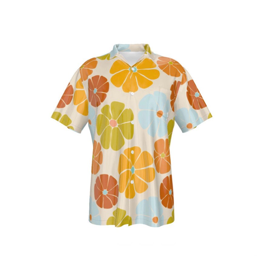 Retro Floral Sunrise Print Button-Down Shirt