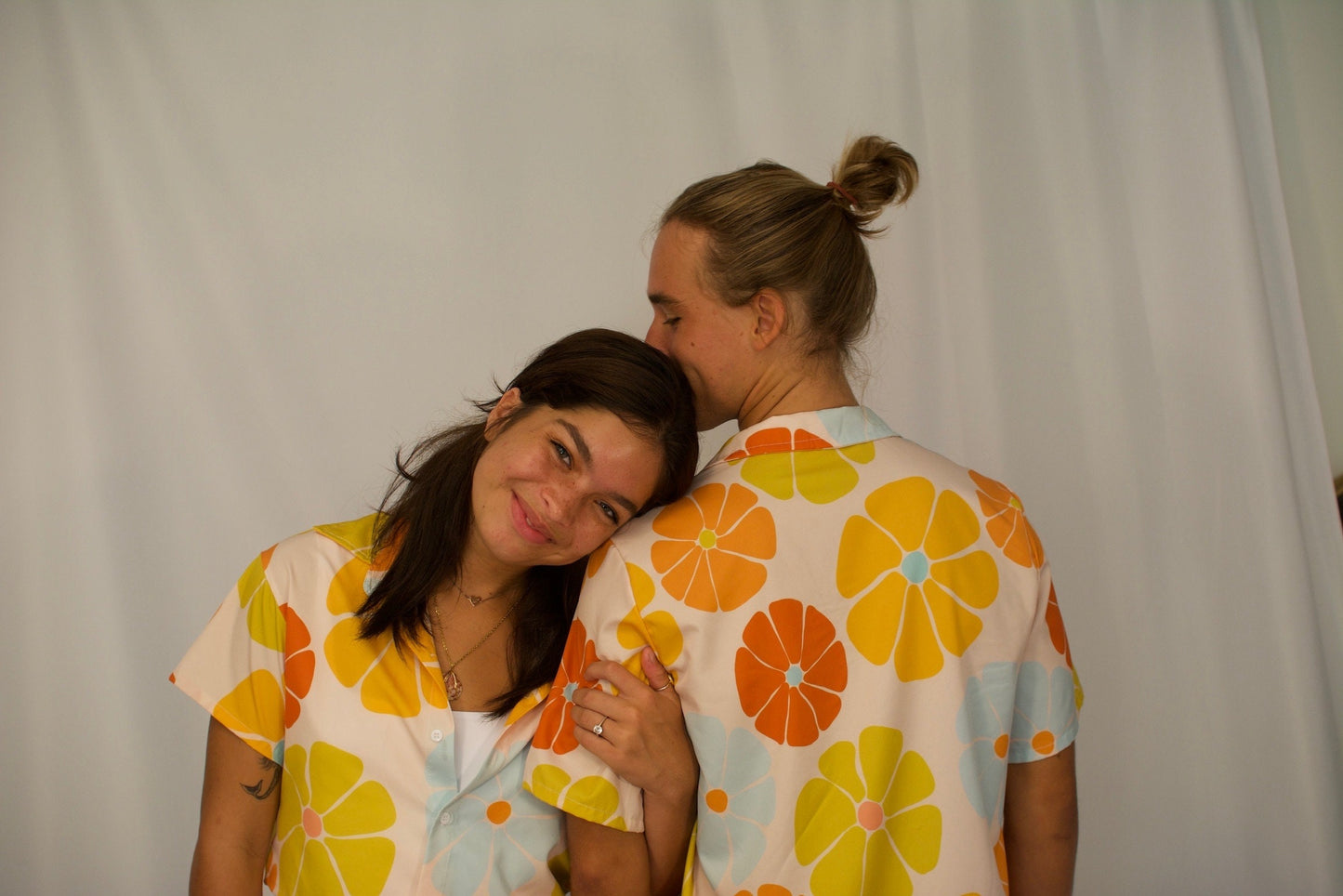 Retro Floral Sunrise Print Button-Down Shirt