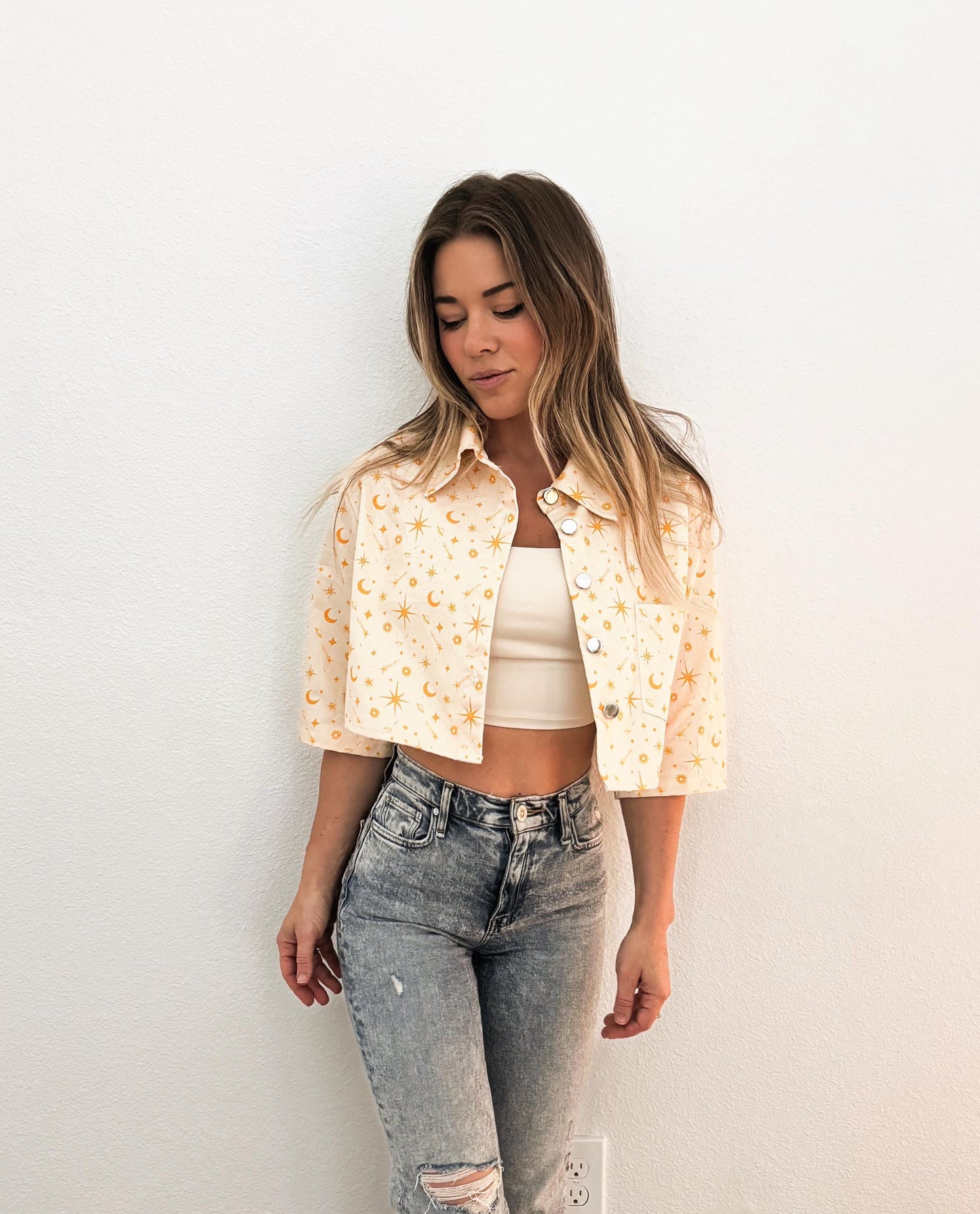 Celestial Cropped Denim Jacket: Retro Sun, Moon, Stars