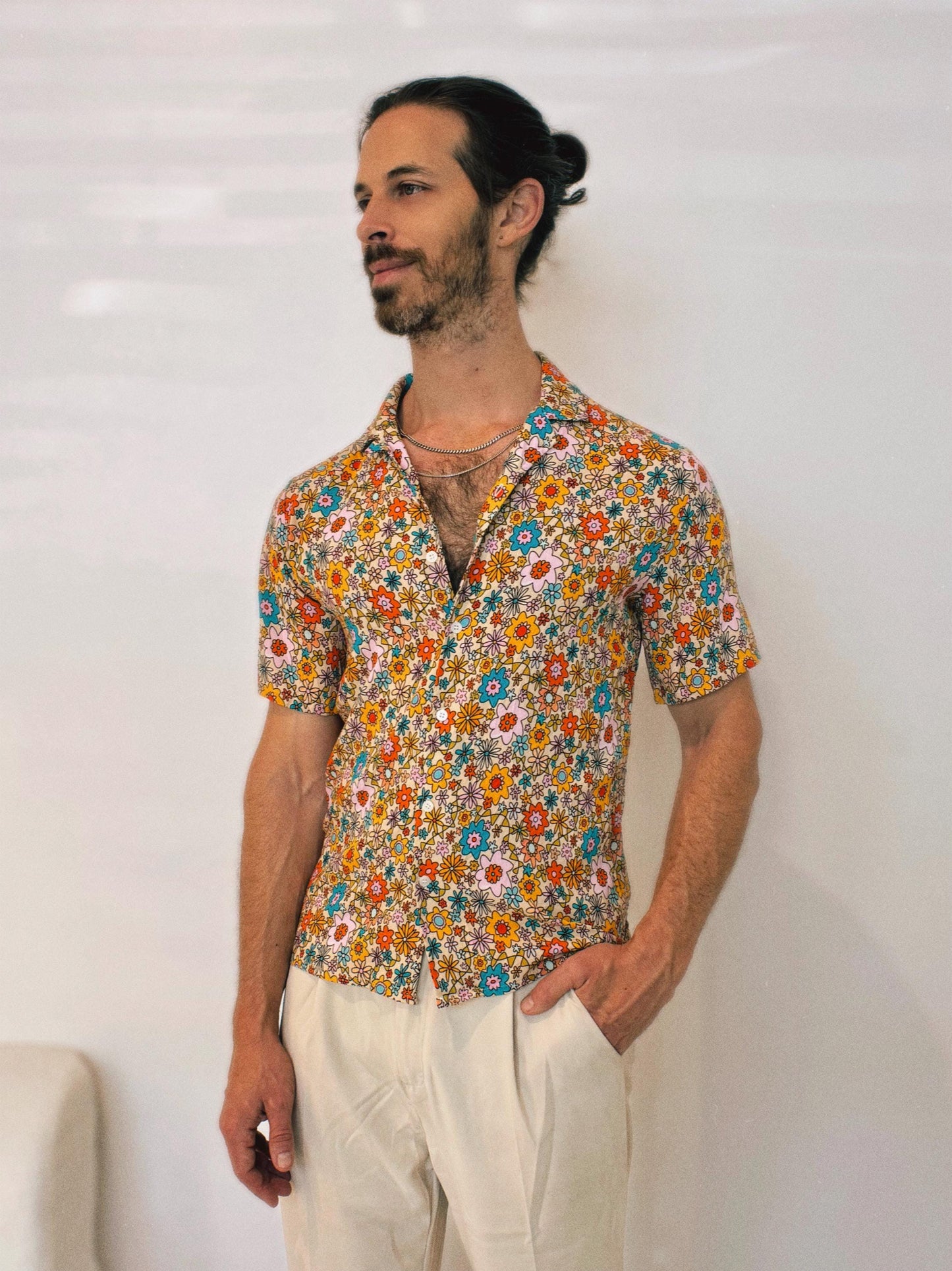 Retro Floral Rayon Button-Down Shirt: Unisex Vacation Wear