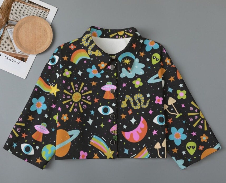 Space Print Cropped Denim Jacket: Psychedelic Festival Fashion
