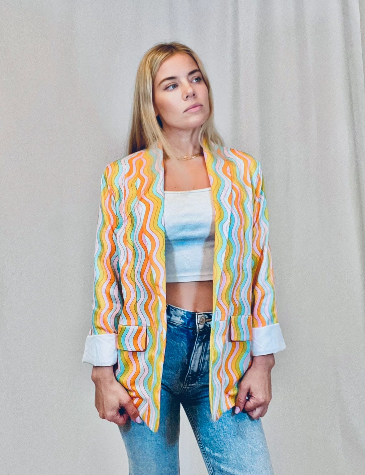 Wavy rainbow blazer; funky psychedelic colorful jacket with pockets; unisex dress jacket
