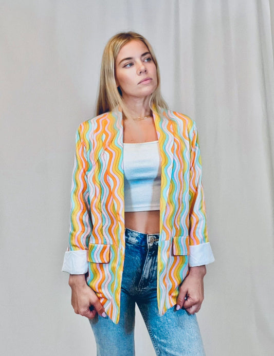 Wavy rainbow blazer; funky psychedelic colorful jacket with pockets; unisex dress jacket