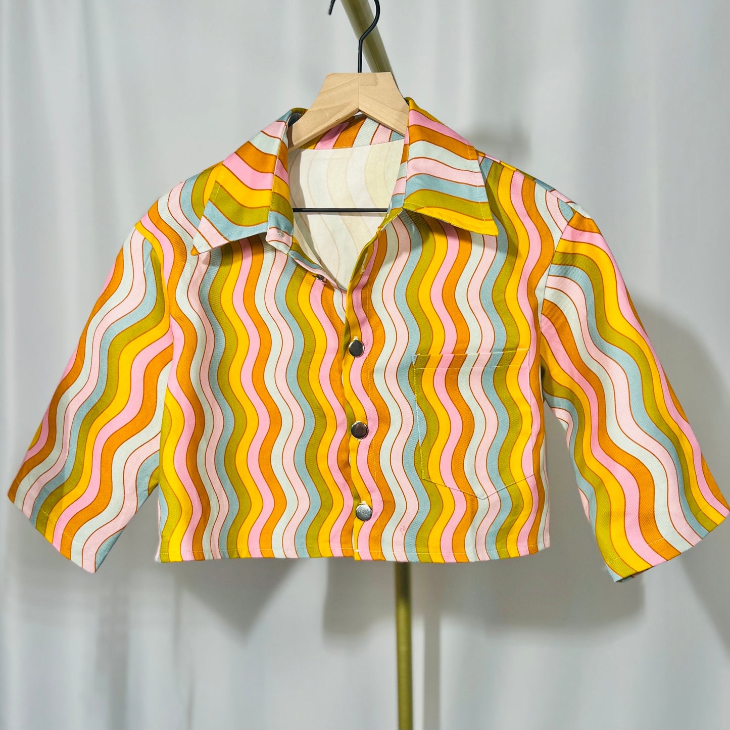 wavy rainbow cropped light denim jacket; lightweight cotton jacket with buttons and pocket; Barbie
