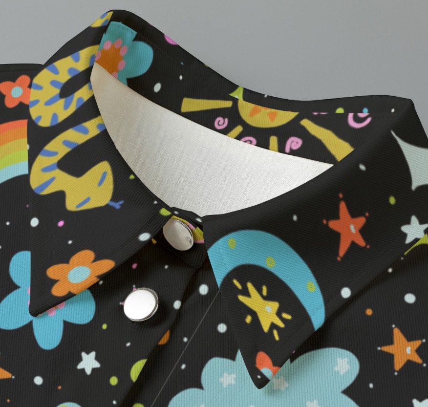 Space Print Cropped Denim Jacket: Psychedelic Festival Fashion