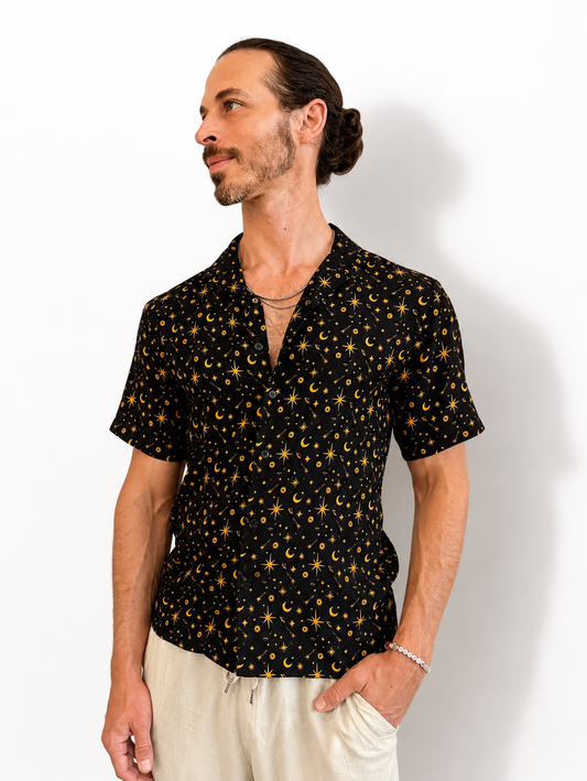Celestial Cotton Button Down Shirt: Sun, Moon, Stars - Black