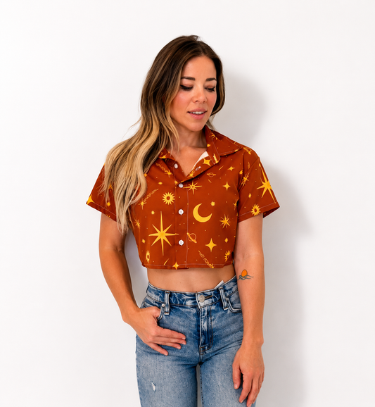 Celestial Crop Top: Golden Sun, Moon & Star Print - Lightweight Button Down