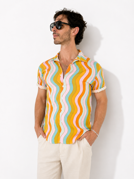 Retro Wavy Rainbow Shirt: Button-Down