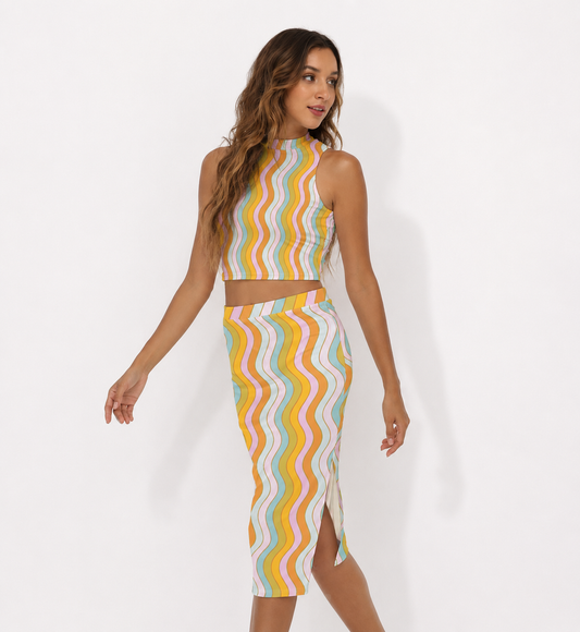 Retro Wavy Two-Piece Set: High-Neck Crop Top & Midi Skirt