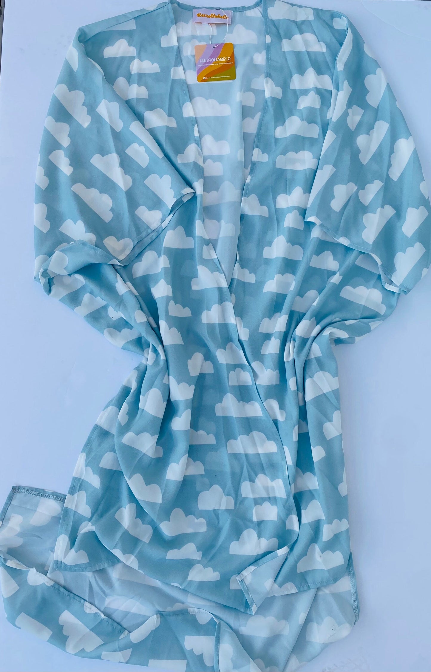 Cloud Kimono, Blue & White 90s Robe, Beach Coverup
