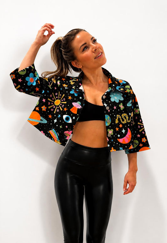 Space Print Cropped Denim Jacket: Psychedelic Festival Fashion
