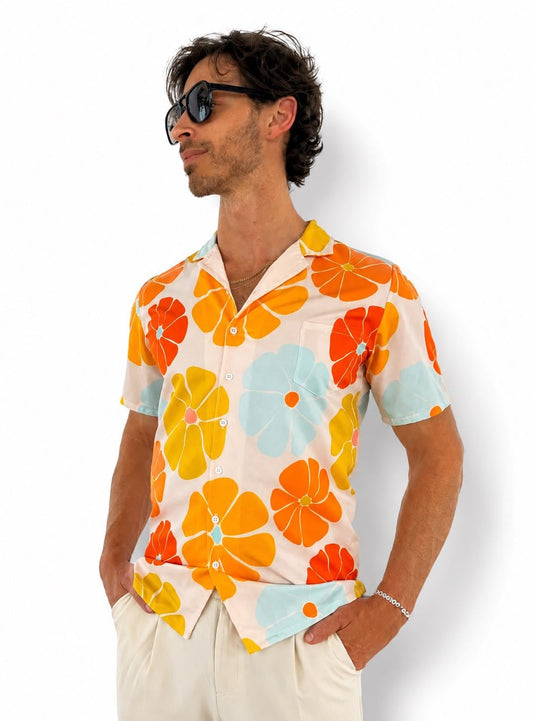 Retro Floral Sunrise Print Button-Down Shirt