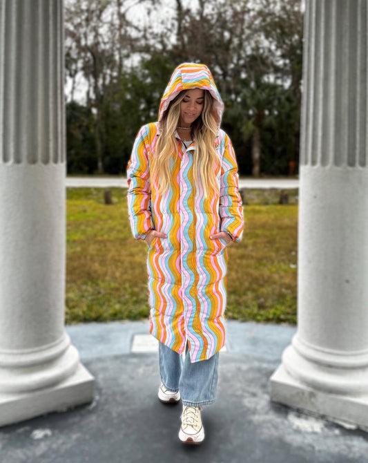 Wavy Rainbow Puffer Coat: Long Trippy Festival Winter Jacket