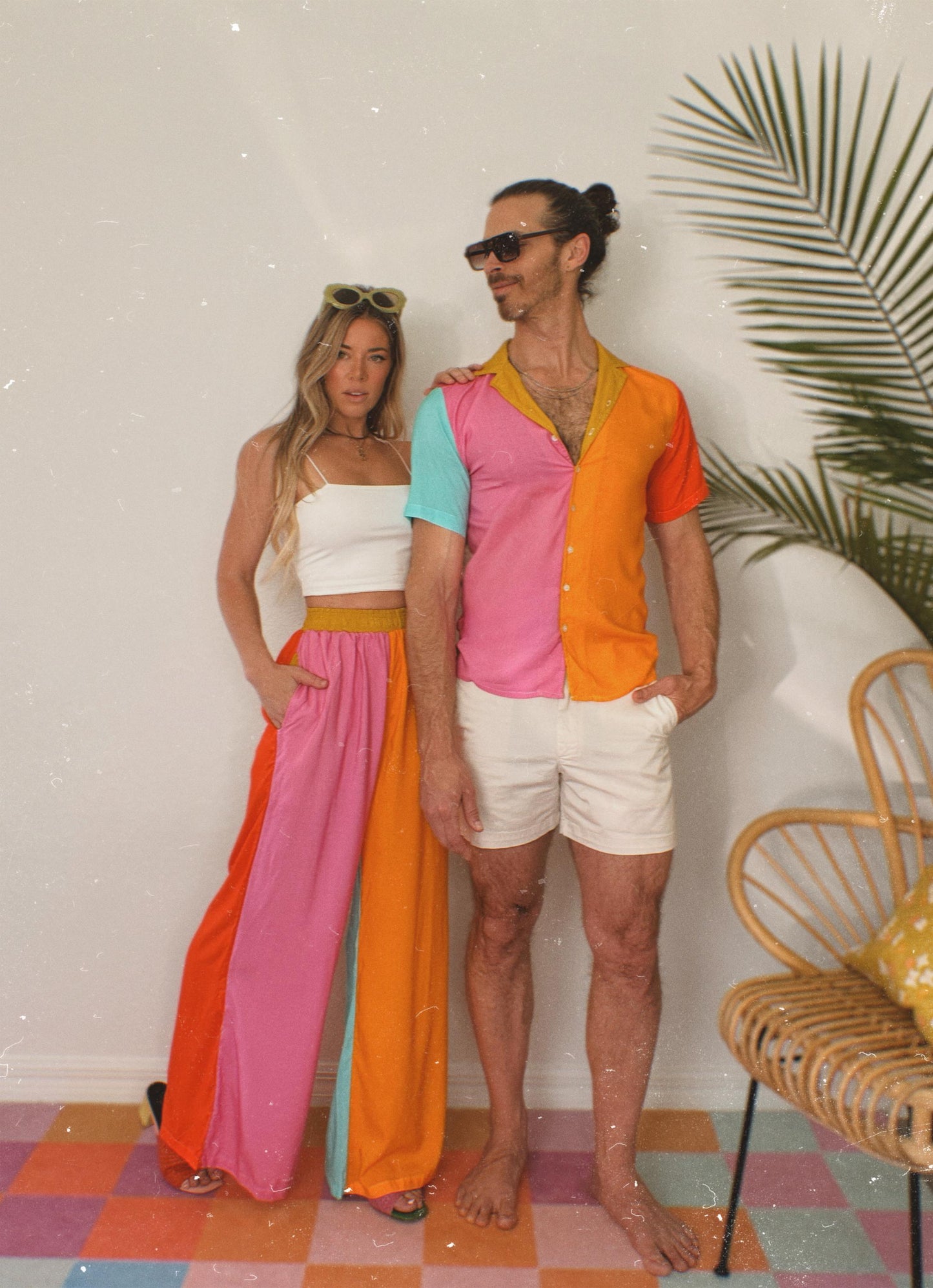 Color Block Cotton Button Down Shirt; Pink Blue Yellow Green Resort wear