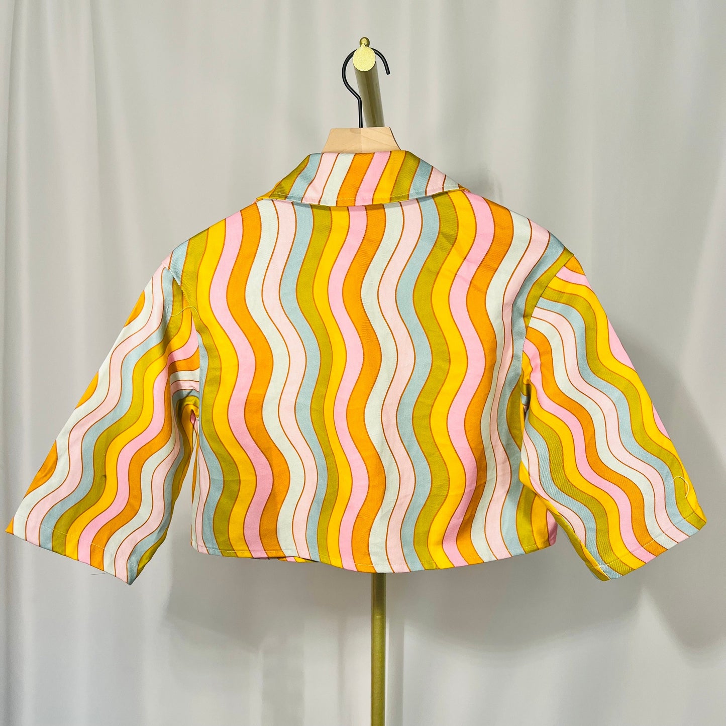 wavy rainbow cropped light denim jacket; lightweight cotton jacket with buttons and pocket; Barbie