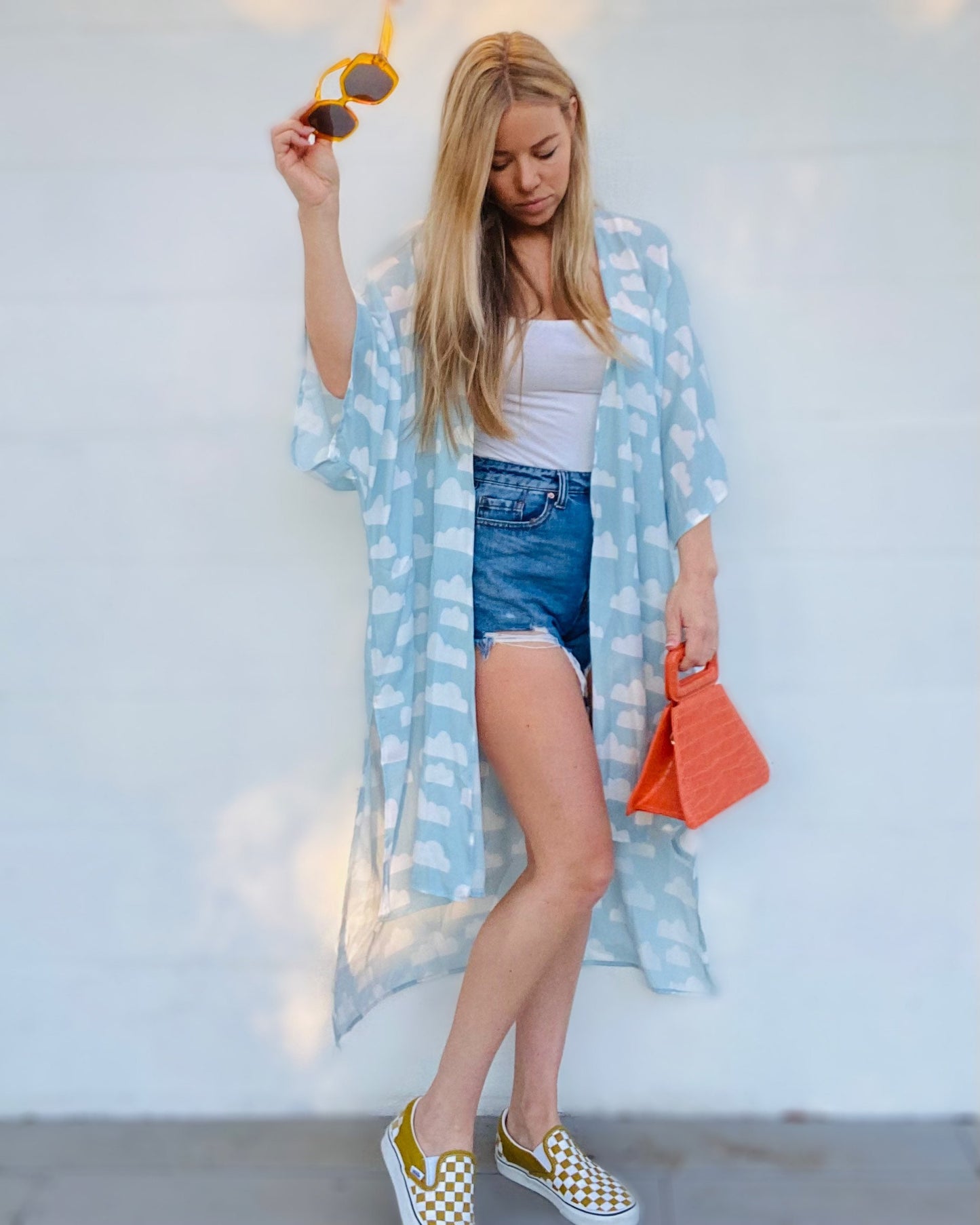 Cloud Kimono, Blue & White 90s Robe, Beach Coverup
