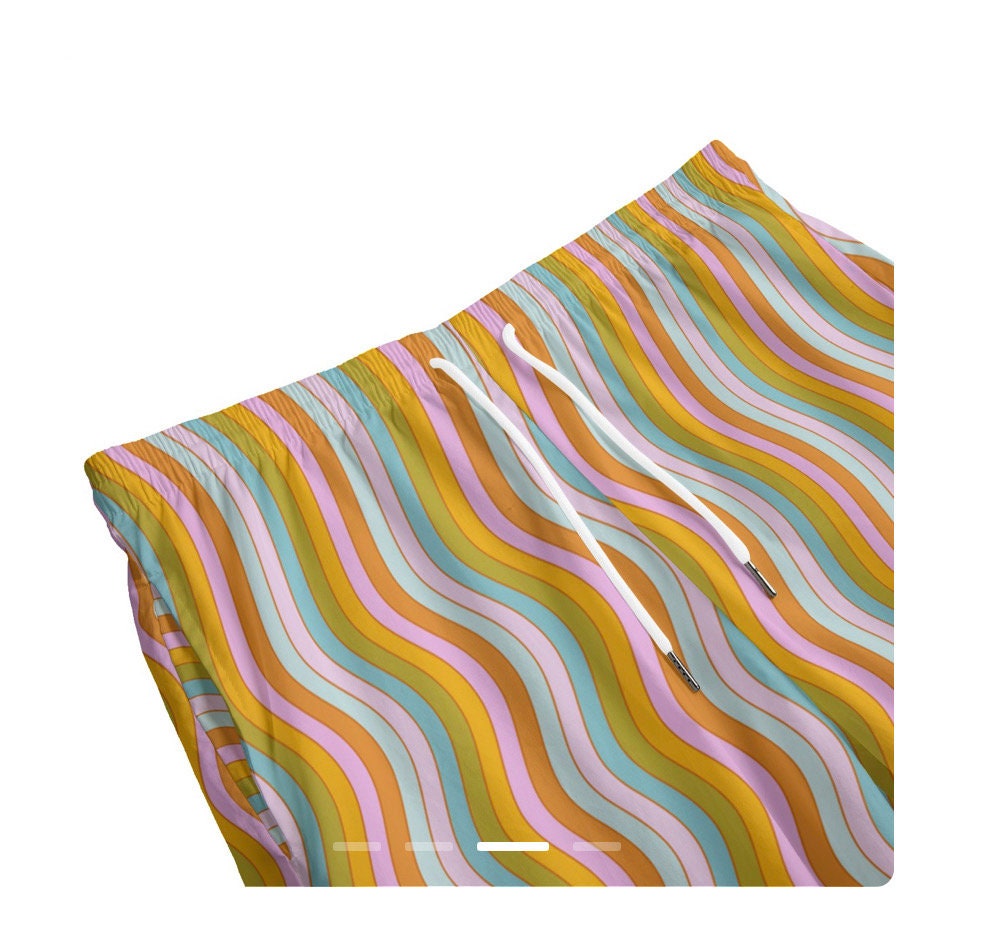 Retro Wavy Cotton Lounge Shorts: Colorful Rainbow Print