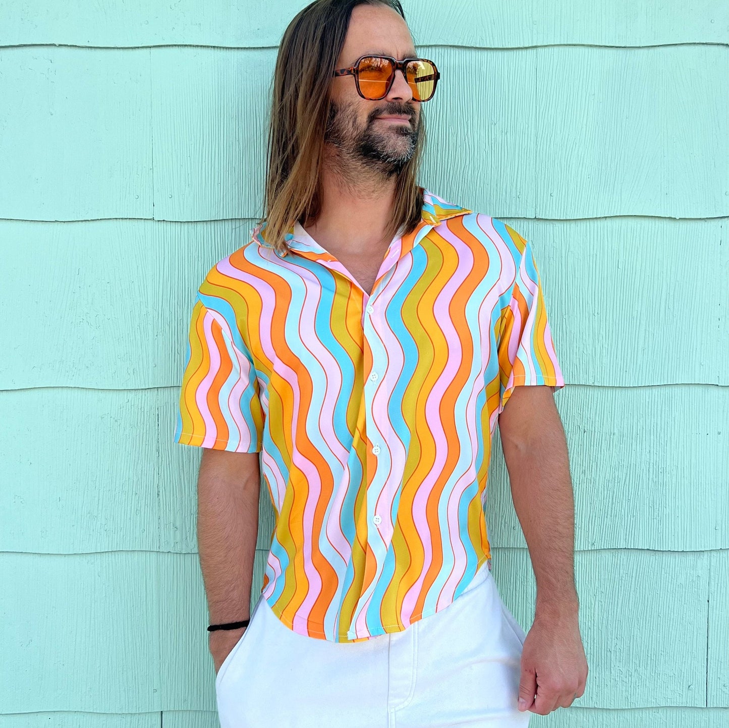 wavy rainbow button down