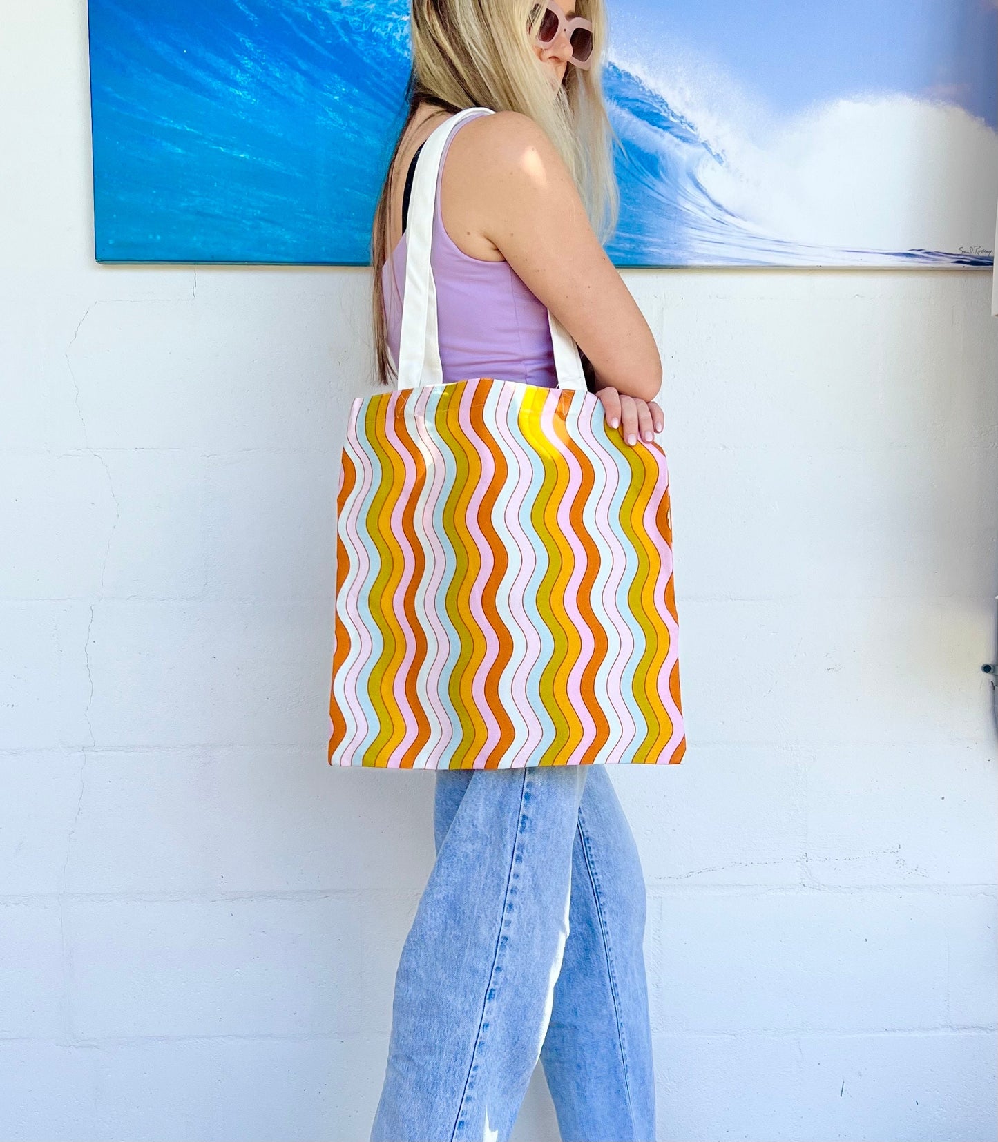 wavy rainbow tote bag;