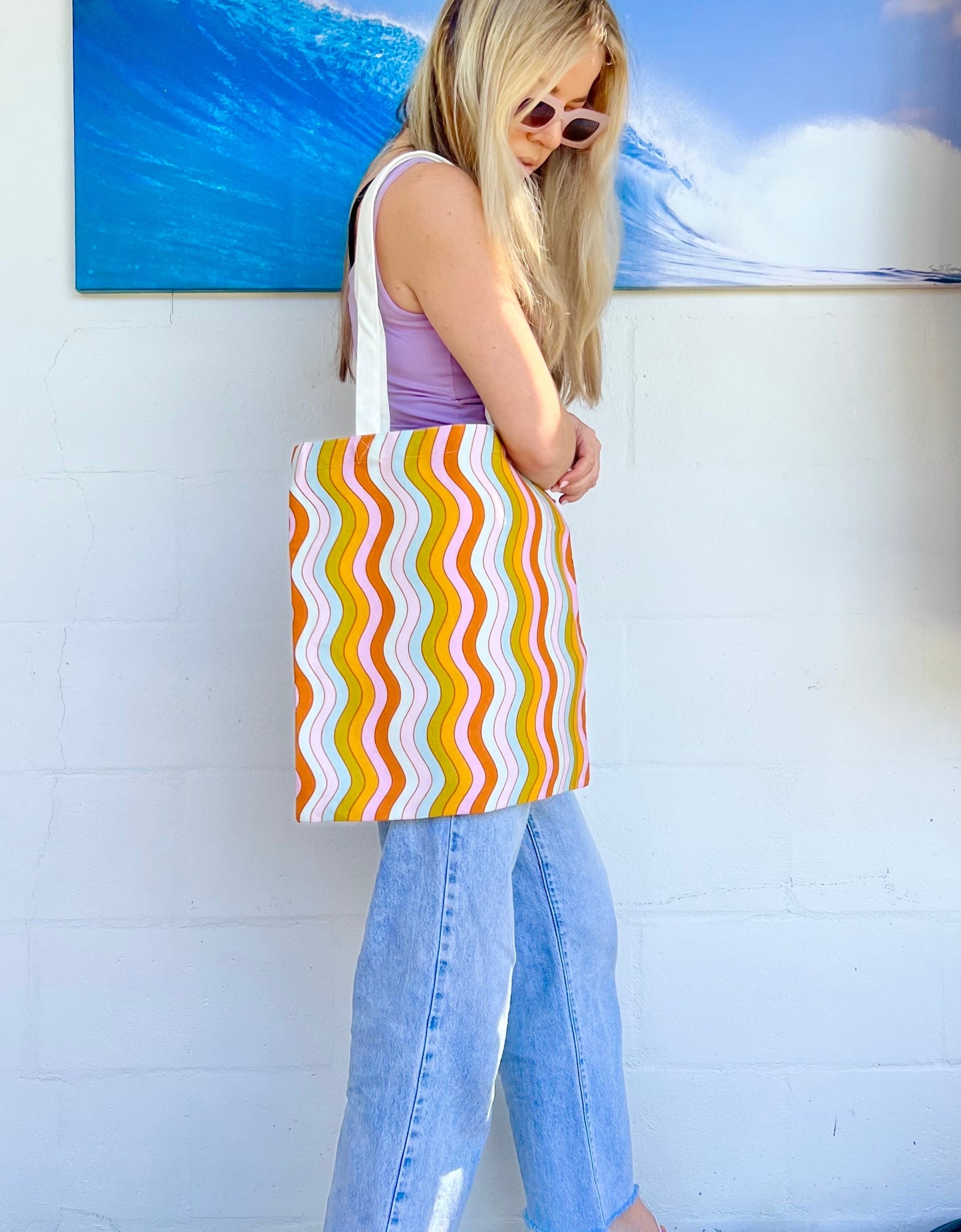 wavy rainbow tote bag;