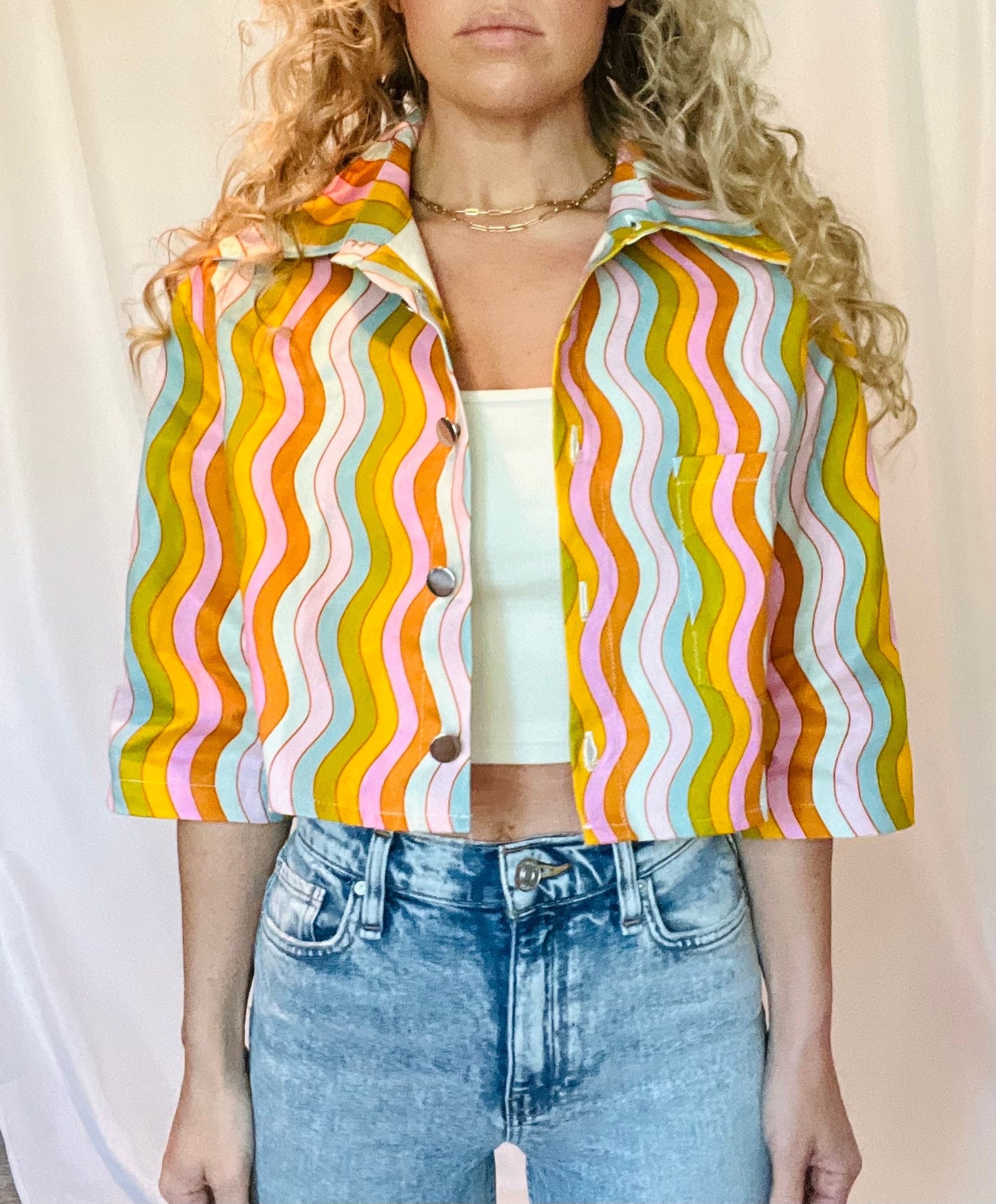 wavy rainbow denim jacket